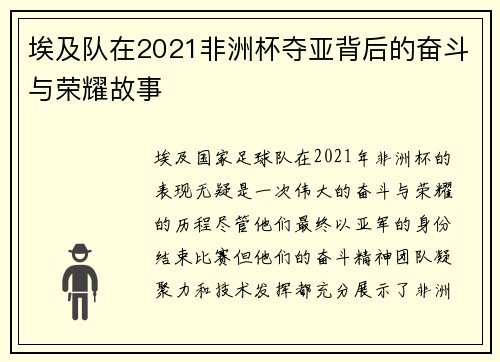 埃及队在2021非洲杯夺亚背后的奋斗与荣耀故事 埃及队在2021非洲杯夺亚背后的奋斗与荣耀故事